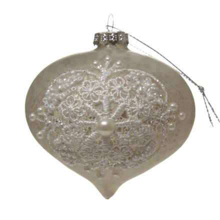 Hanging Glass Dec With Lace Snowflake