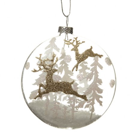 Hanging Glass Gold Glitter Deer Xmas Bauble 8cm
