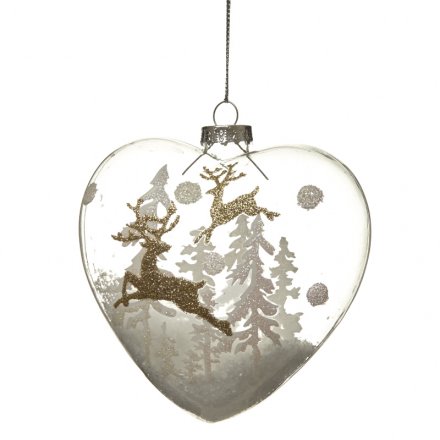 Hanging Glass Gold Glitter Deer Heart 10cm