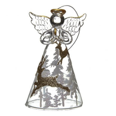 Hanging Glass Angel W/gold Deer Dress 10cm