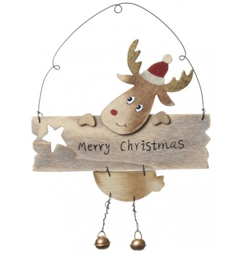 A cute wooden reindeer hanger holding a rustic Merry Christmas sign. Complete with glitter antlers and jingle bells.