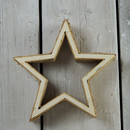 A rustic star decoration with birch detailing.
