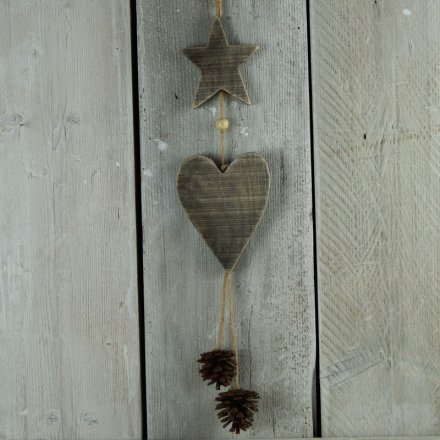 Driftwood Heart Hanging Decoration With Pine Cones