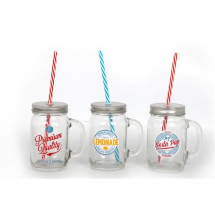 3 Assorted Glass Jars W/straw