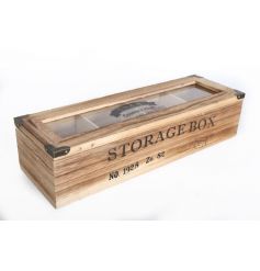 A rustic wooden country club storage box with industrial features and a glass lid.