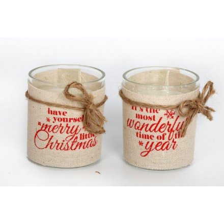 Linen Xmas Glass Candle Cups Mix 6.5cm