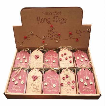 An assortment of Christmas gift tags in red and natural festive colours with button details.
