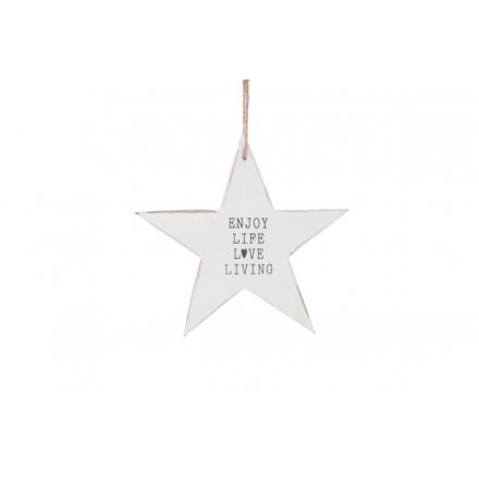 Hanging Star White Wooden Enjoy Life Love 19.5cm