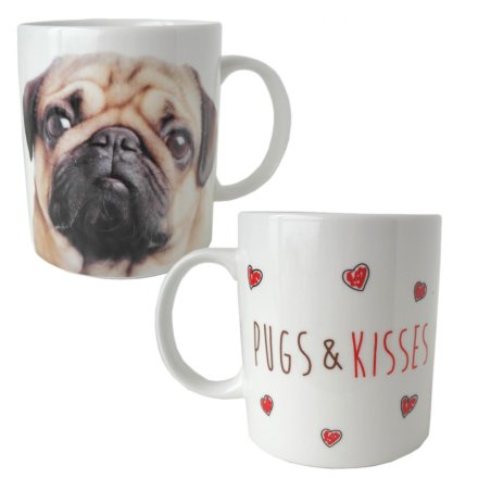 Quirky pug china mug with heart and pug design with matching gift box