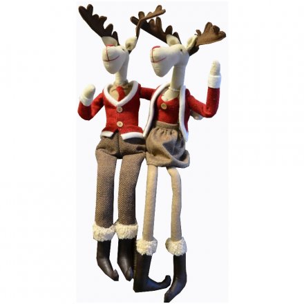 Fantastic Mr & Mrs sitting reindeer decorations with festive detailing and leather style boots.