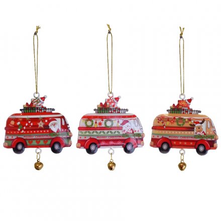 3 assorted colourful Christmas camper van decorations with gold bell detail.