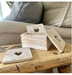 Rustic wooden coasters with heart cutout in a set of 6