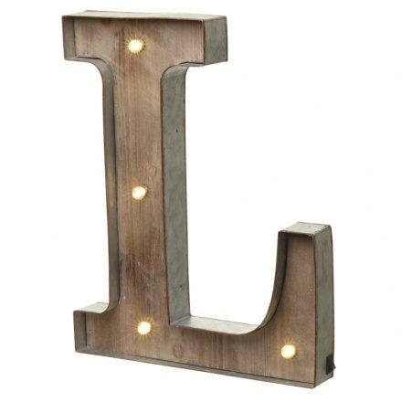 Rustic wooden letter L with LED lights