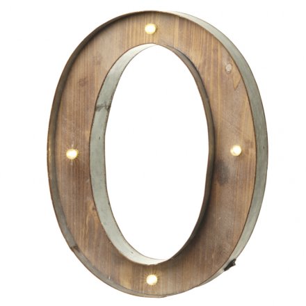 Rustic wooden letter O with LED lights