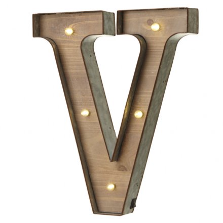 Rustic wooden letter V with LED lights