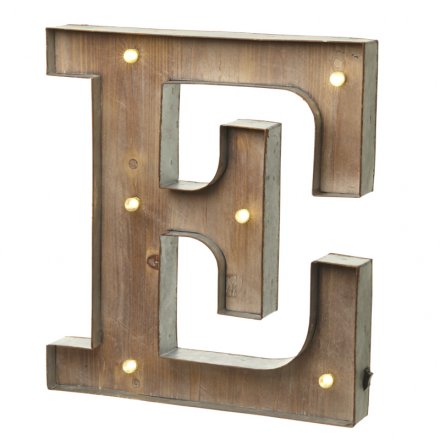Rustic wooden letter E with LED lights