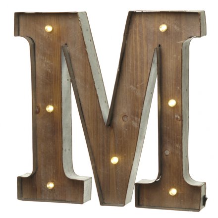 Rustic wooden letter M with LED lights