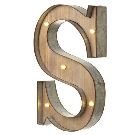 Rustic wooden letter S with LED lights