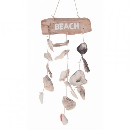 Driftwood Beach Sign W/Oyster Shells, 39cm