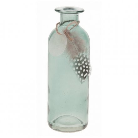 Turquoise Glass Bottle W/Feather  10.5cm