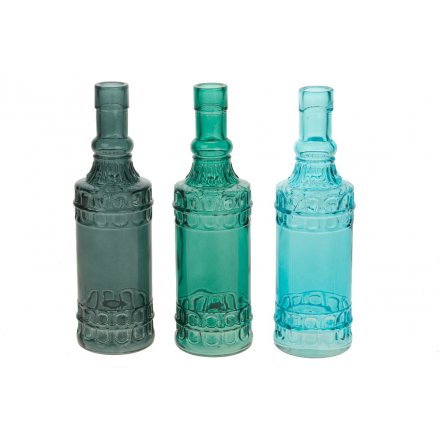 Vintage Blue Mix Long Neck Glass Bottle, 3a 22.5cm