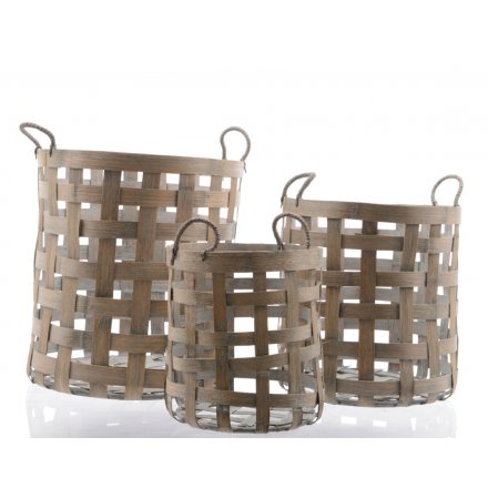 Set of 3 Bamboo Basket With Handle Set 34cm