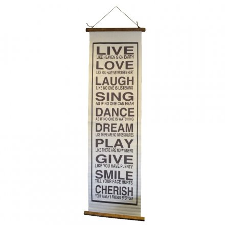 A large and colourful cotton wall hanging with a live, love and laugh sentiment.