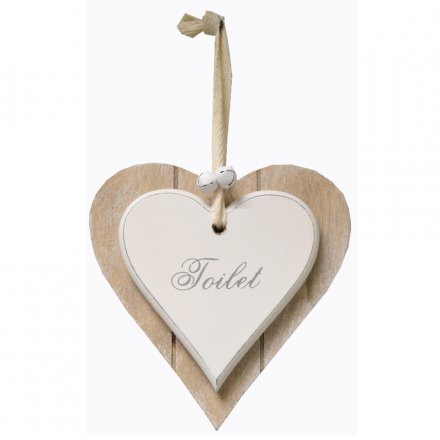 Wooden double heart decoration with Toilet script