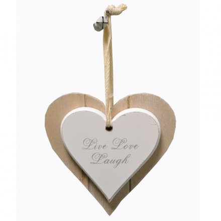 A double wooden heart sign with bell decoration and popular text