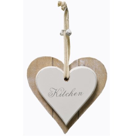 A shabby chic double heart hanging plaque with kitchen sign and rustic bells.