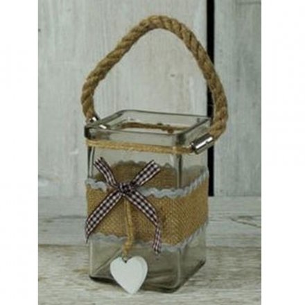Square Clear Glass Rope Handle White Heart
