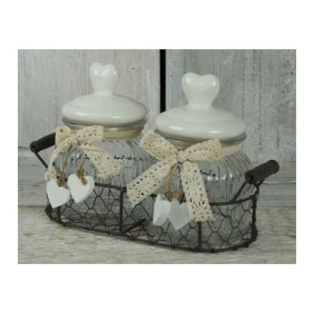 Wire Basket With 2 Clear Glass Heart Lid