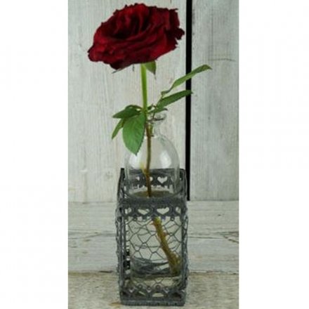 Greywashed Wire Pot With Glass Bottle