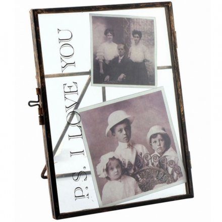 A chic metal standing picture frame with PS I Love You script 