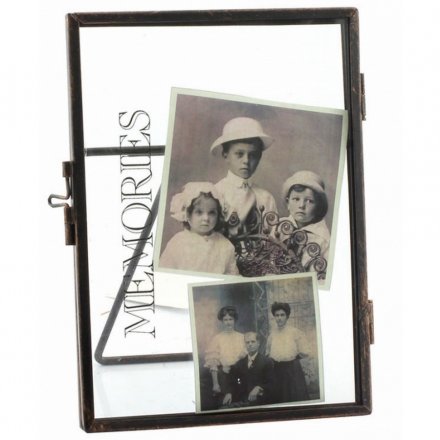 A chic standing picture frame with distressed memories text
