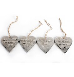 An assortment of 4 hanging worded hearts, perfect items for around the house