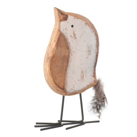Standing Wooden Bird With Feather 14cm
