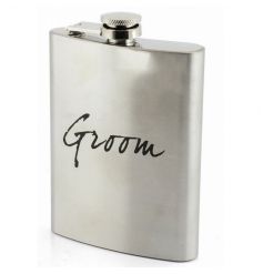 Silver hip flask with Groom text