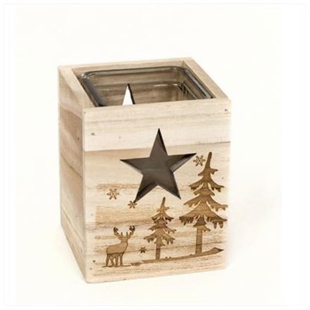 A chunky wooden candle holder with festive image and star cut out detail.