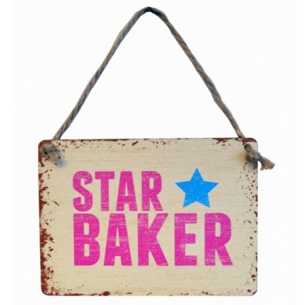 A fun STAR BAKER mini metal sign with a distressed finish.