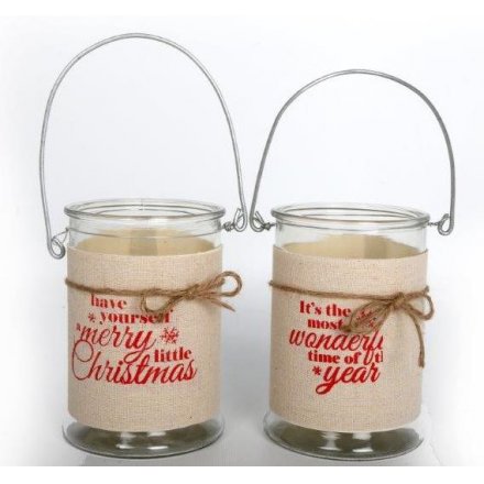 Linen Xmas Glass Candle Holders Mix