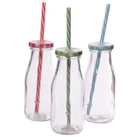 Vintage Glass Milk Bottles With Straw, 27491, Kitchen & Dining / Mason  Jars, Drinking Jars & Cups