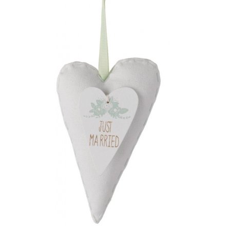 White Fabric Just Married Heart 12cm