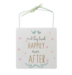 White wooden hanging sign with Happily Ever After print