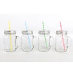 Clear glass drinking jars in an assortment of four with colourful straws