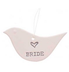 Decorative hanging porcelain dove with Bride text