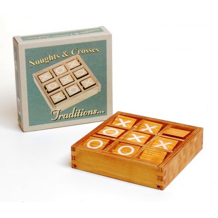 A traditional noughts and crosses wooden game with a retro gift box to match