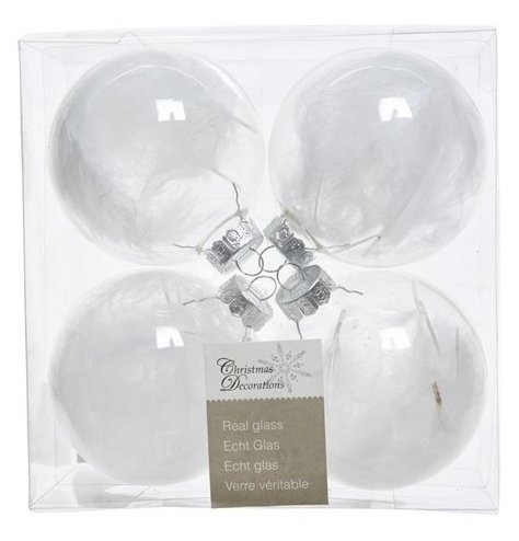 A set of 4 beautifully simple glass baubles filled with delicate white feathers. A symbolic and simply chic ornament 