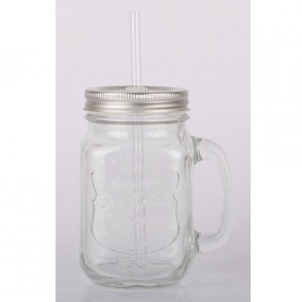 A clear glass mini mason drink jar with straw