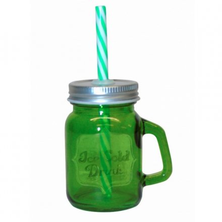 A gorgeous green coloured mini mason drinking jar with colourful straw
